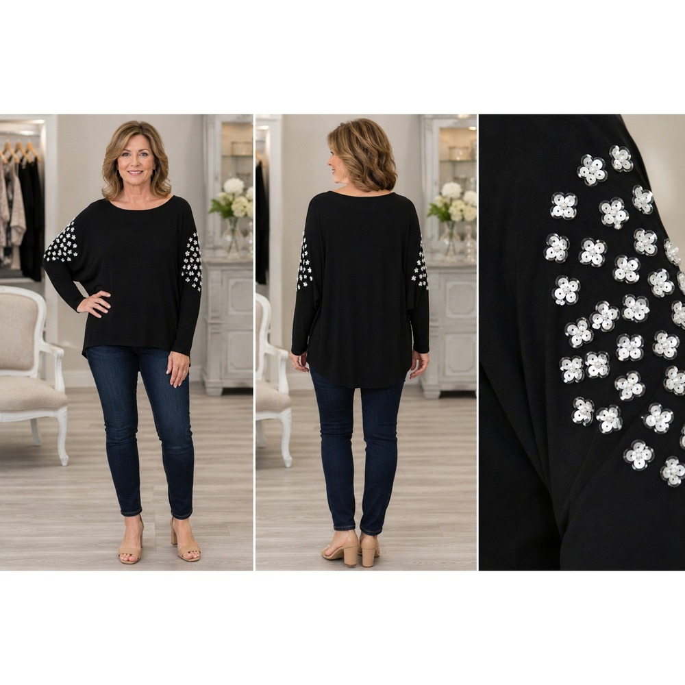 Joseph Ribkoffโ Blouse Sequin Flower Black Dolman Sleeve Women 12 Glam Elegant